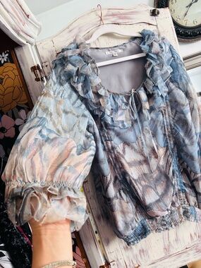 Sheer Ruffle-Neck Blouse in Pastel Blue & Pink